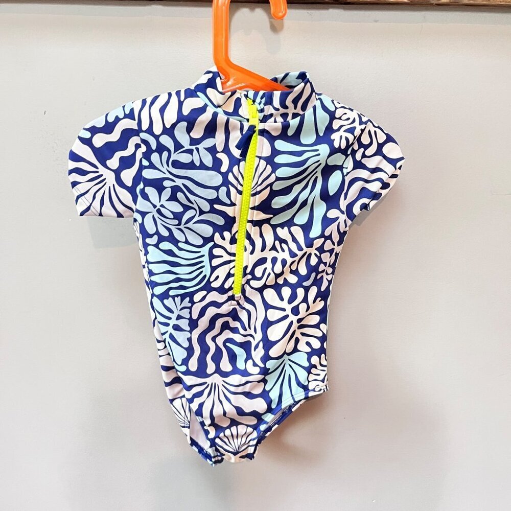 Boden Kids Short Sleeve Zip-Up Swimsuit 3-4Y Blue & White Sea Life‎ Print